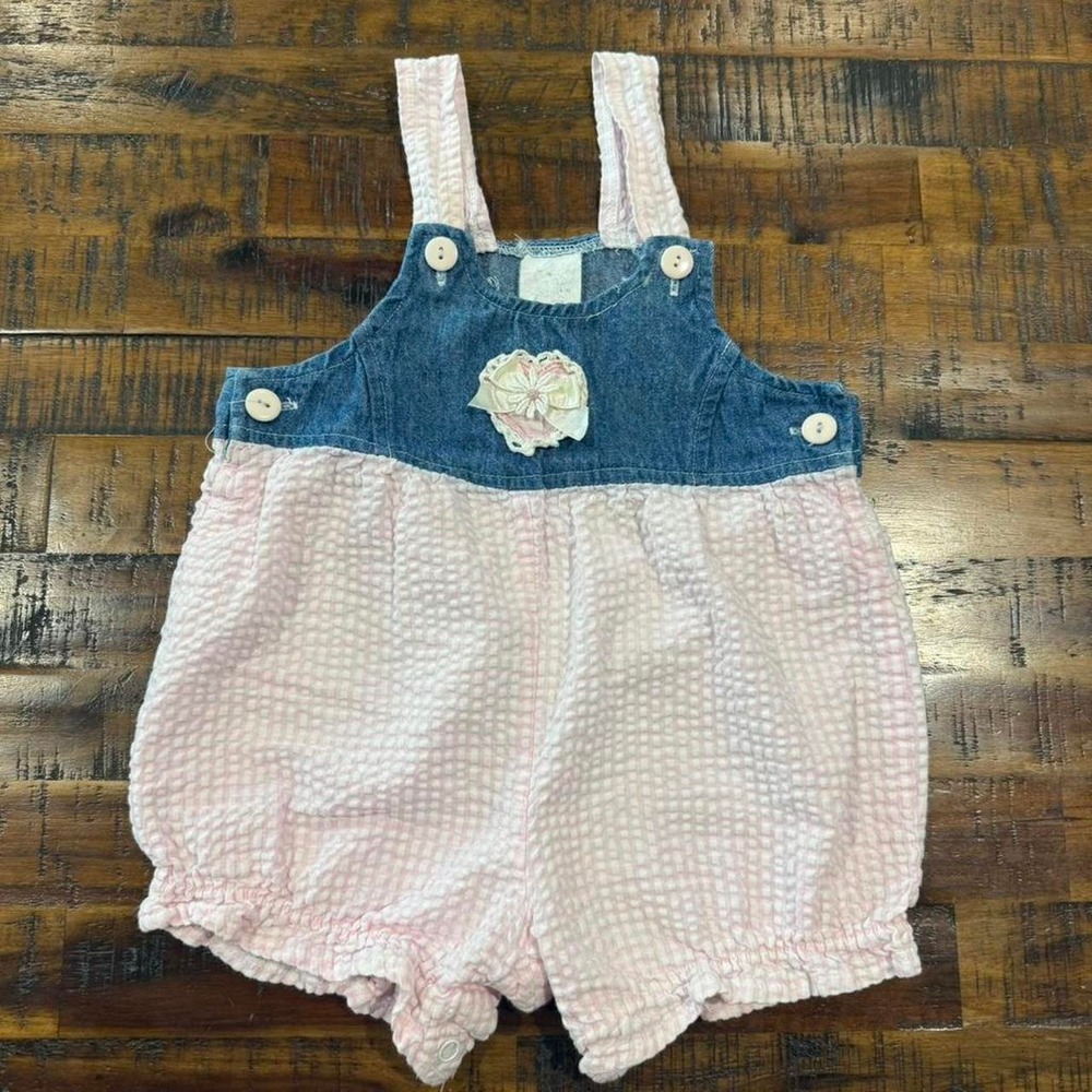 Vintage 90s Pink Seersucker Denim Heart Romper Infant Girl 18-24M Coquette